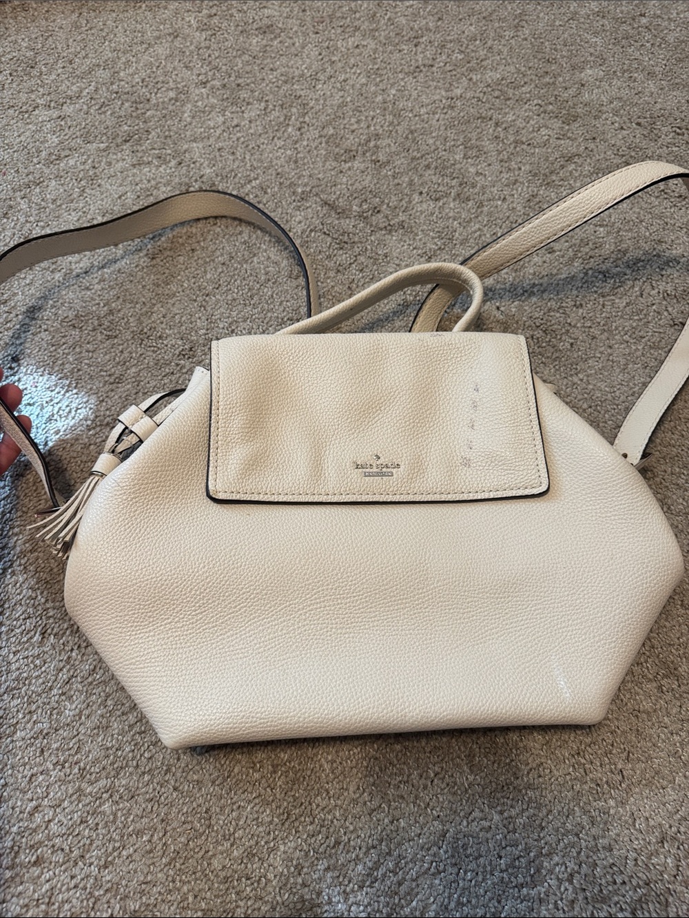 kate spade Cream Pebbled Leather Flap Backpack Purse